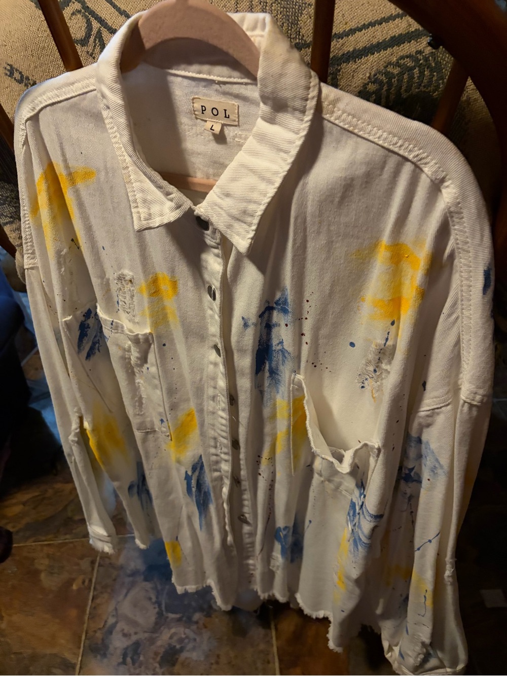 POL White Button-Down Denim Shacket with Blue & Yellow Paint Accents Distressed